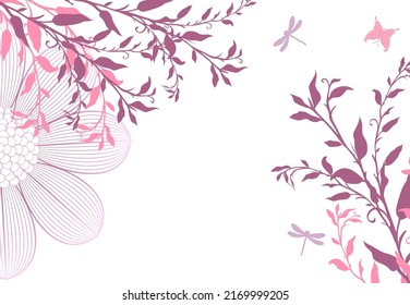 Abstract floral background in pink colors. Flowers, branches with leaves. Dragonfly and butterfly.