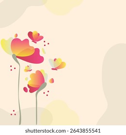 Abstract floral background with pink red yellow flowers, butterflies, and heart-shaped leaf for a beautiful spring or summer design with Blank Cpoy space for text.