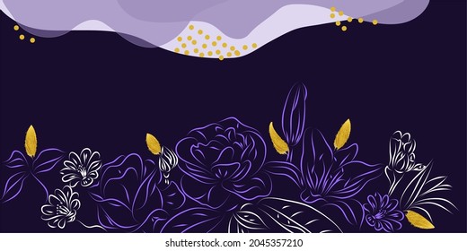 Abstract floral background with purple and white contour flowers and gold leaves. Minimalistic luxury design for poster, banner, packaging, congratulations. Line art.