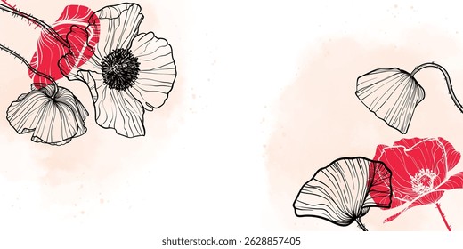 Abstract floral background with red line art of flowers and leaves. Hand drawn poppy watercolor frame, border. Vector design of card, banner, invitation, advertising and packaging