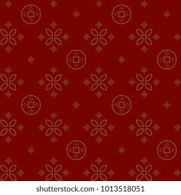 Abstract floral background, regular seamless pattern. Clip art gold outline coins, mini dots. Stylized ornament. Decoration, cards, polygraphic products; print on paper; web design. Minimalist style.
