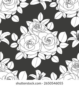 Abstract floral background.  Rose branch and leaves on dark background.