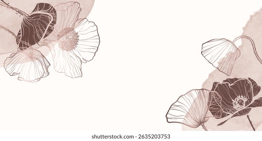 Abstract floral background with rose gold line art of flowers and leaves. Hand drawn poppy watercolor frame, border. Vector design of card, banner, invitation, advertising and packaging