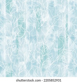 Abstract floral background. Seamless pattern with hand drawn branches on blue watercolor background. Vector. Line art. Perfect for wallpaper, wrapping, fabric and textile. 