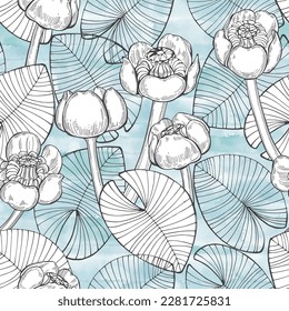 Abstract floral background. Seamless pattern with hand drawn  water lilies on blue watercolor background. Vector. Perfect for wallpaper, wrapping, fabric and textile. 