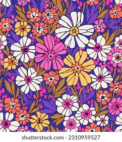 Abstract floral background. Seamless floral pattern. Mosaic style, composition of tile pieces, terrazzo. Beautiful colorful flowers are scattered on a violet background. Stained glass flowers.