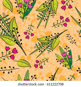 Abstract floral background. Seamless pattern with hand drawn bright flowers, leaves and branches. Colorful picture for card Mother's day, textile, print