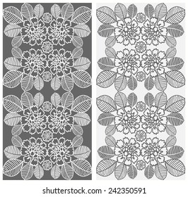 Abstract floral background set. Decorative monochrome ornament, border lace pattern. Series of image template frame design for card, hand drawn artwork