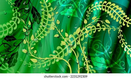 Abstract floral background in shades of green with transparent drops. A beautiful illustration for interior decoration, corporate designs, blogs, postcards, posters and your other projects. Vector. 