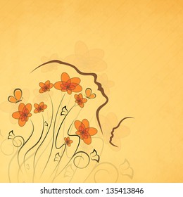 Abstract floral background with sketch of a mother and her child face, line art design. Happy Mothers Day concept.