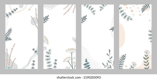 Abstract floral background, social media stories template with plants. Elegant herbs and shapes, pastel colors. Space for text. Vector illustration for social networks