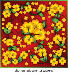 abstract floral background with spring yellow ornament on red