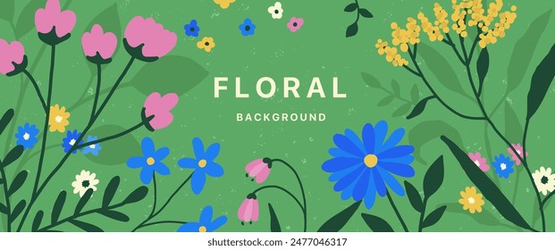 Abstract floral background with trendy flower. Spring summer leaf pattern design. Modern graphic plant card texture. Nature poster frame banner. Vector illustration in flat style
