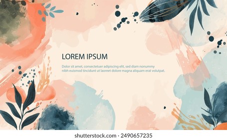 Abstract floral background with tropical leaves for banner design. Pink blue beige painted spots and stains, dark blue green exotic leaves. Random text