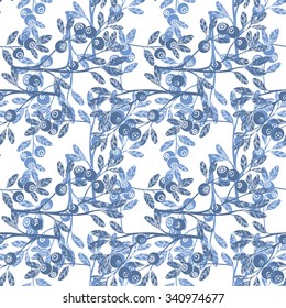 Abstract floral background with twigs berries. Seamless vector pattern.