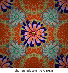 Abstract floral background. Abstract vector flowers in orange, blue and green colors. Greeting card. Floral seamless pattern. Wedding invitation.