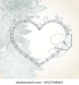 Abstract floral background. Vector heart with flower chrysanthemum and butterflies. Element for design.