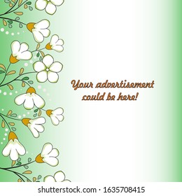 Abstract floral background, vertical border, white with yellow-green flowers, dots, yellow-orange, green leaves. Background for advertising, greetings, holiday invitations, etc.