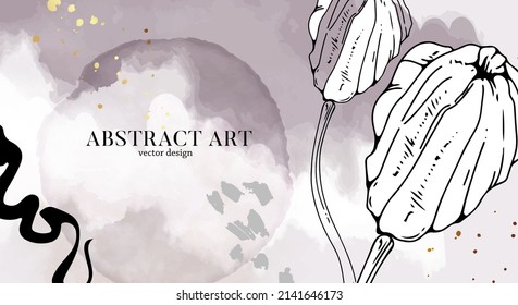 Abstract floral background, watercolor poppy bloom in purple violet color botanical line art wallpaper