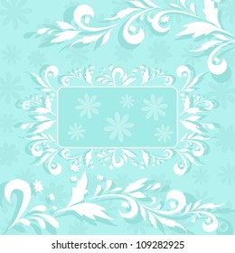 Abstract floral background with white flowers silhouettes and frame. Vector