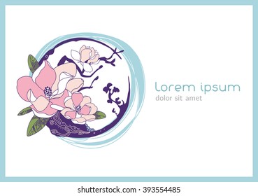 Abstract floral background for your card, flyer, invitation. Original template with flowering branch. Magnolia blossoms vector background design.