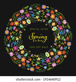 Abstract floral backgrounds with place for text - bright vibrant banners, posters, cover design templates, social media stories wallpapers with spring leaves and flowers. Vector illustration