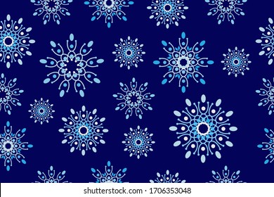 Abstract floral batik fabric design template. Seamless geometric flowers pattern. Blue monochrome stylish graphic design. Tileable vintage ornament.