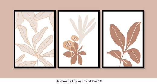 Abstract Floral Beige Wall Art. Modern minimalist lines wall decor prints. Bohemian style abstract. Wall art home decoration. Elegant wall posters, covers.