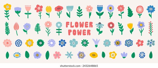 Abstract floral big set with colorful flowers, leaves, geometric elements. Wildflowers botanical modern hand drawn vector illustration