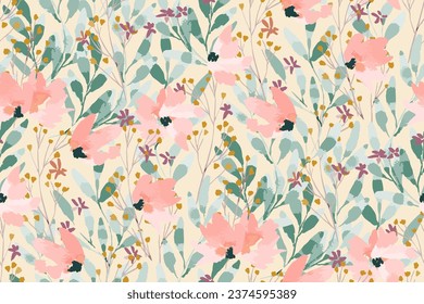 Abstract floral  blossoms seamless pattern. Bright colors, painting on a light background .hand drawn, not AI