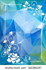 Abstract floral border on a blue polygonal background.