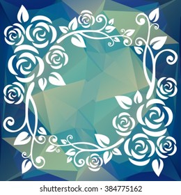 Abstract floral border on a blue dark polygonal background.