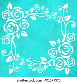 Abstract floral border on a bright mint polygonal background.