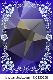 Abstract floral border on a dark blue polygonal background.