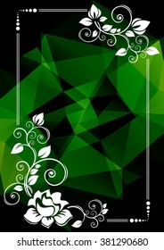 Abstract floral border on a dark green polygonal background.