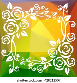 Abstract floral border on a golden-green polygonal background.