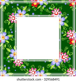 Abstract floral border on a gray bright green background.