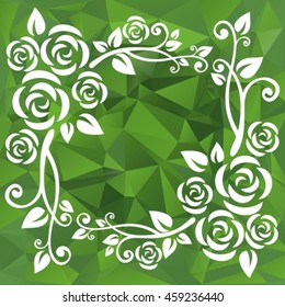 Abstract floral border on a green polygonal background.