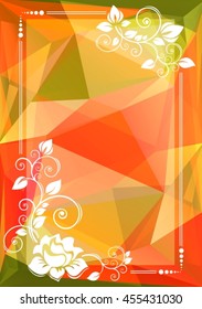 Abstract floral border on a green-orange polygonal background.