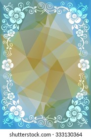 Abstract floral border on a light blue polygonal background.