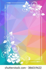 Abstract floral border on a multicolored polygonal background.