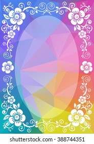 Abstract floral border on a multicolored polygonal background.