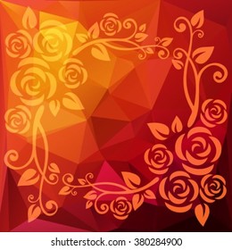 Abstract floral border on an orange polygonal background.