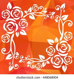 Abstract floral border on an orange polygonal background.