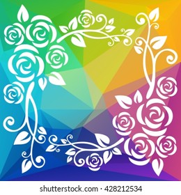 Abstract floral border on a  polygonal rainbow background.