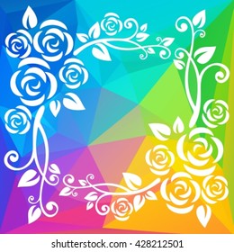 Abstract floral border on a rainbow polygonal background.
