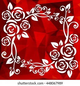 Abstract floral border on a red polygonal background.