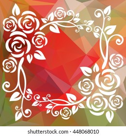 Abstract floral border on a red and green polygonal background.