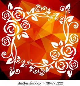Abstract floral border on a red-orange polygonal background.