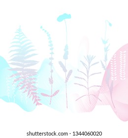 Abstract floral botanical background. Realistic herbs, flowers, plants in pastel colors with doodles , texture and gradient ribbon in pastel colors on white background.